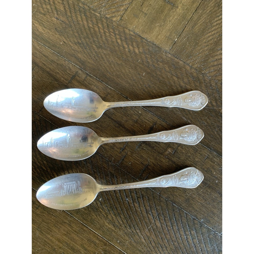 3 VTG Chicago 1933 Worlds Fair Souvenir Spoon WM A Rogers Admin General Building